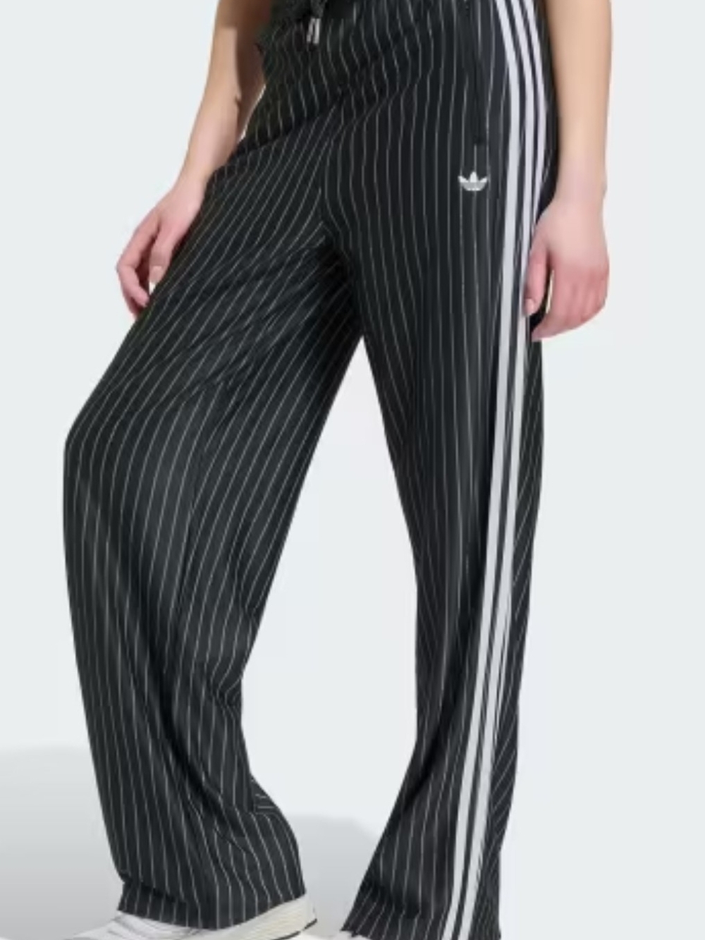 Adidas Women Black Pinstripe Wide-Leg Track Pants with White Side Stripes